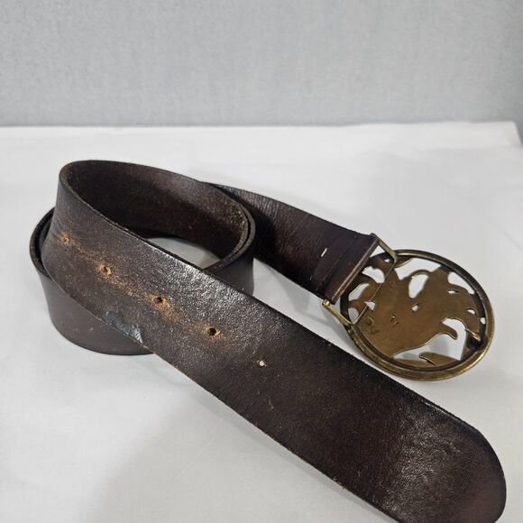 VTG Mossimo XL Brown Leather 2" Belt with Iris Floral Brass Tone Post Buckle - Picture 2 of 6